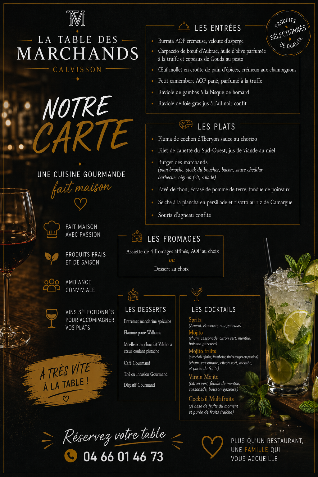Carte restaurant La Table des Marchands Calvisson